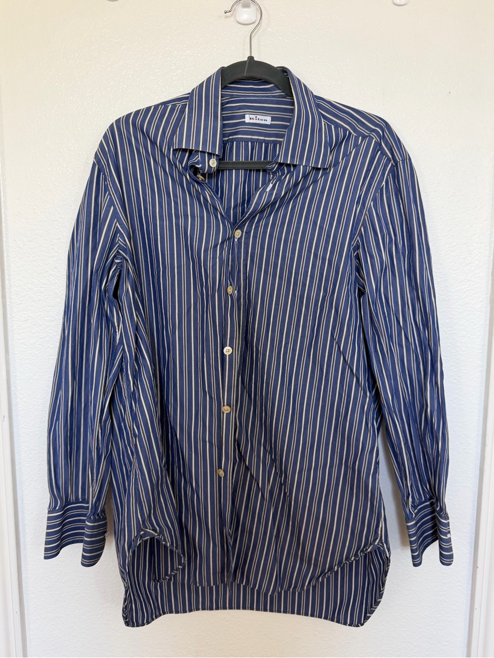 Kiton Navy and White Vertical Stripe Dress Shirt